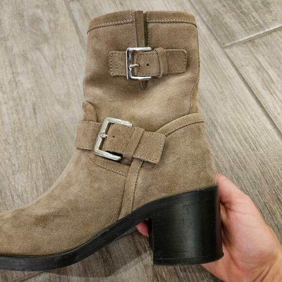 Aquatalia Boots Womens Size 6 Billina Taupe Suede Double Buckle Ankle Block Heel - Picture 5 of 16